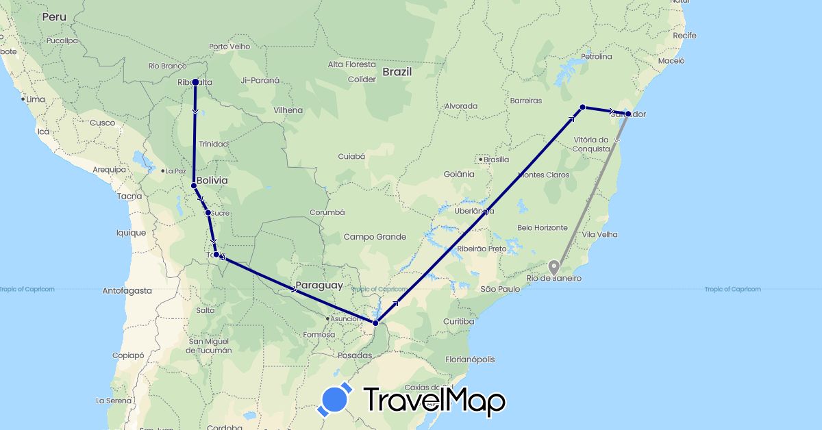 TravelMap itinerary: driving, plane in Bolivia, Brazil (South America)